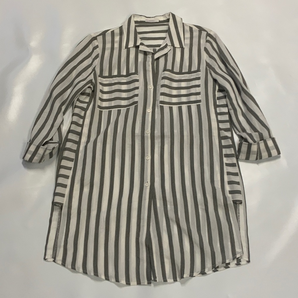 Long Striped Button-Up Shirt, khaki